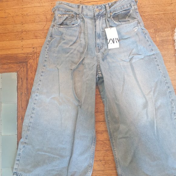 Zara High Waist Culotte Jeans with Waist Tie in Beach Blue - Picture 2 of 2